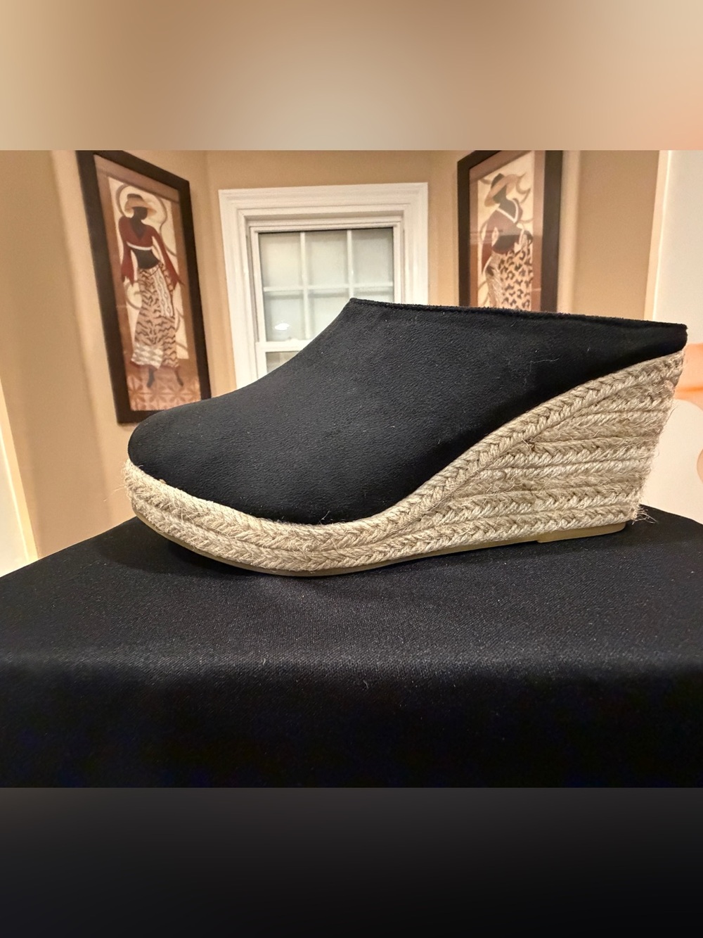 Women's Black Espadrille Wedge Mule